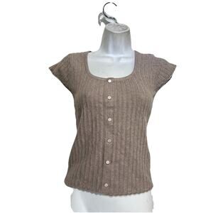 weekend Los Angeles beige ribbed short sleeve faux button blouse Size SP